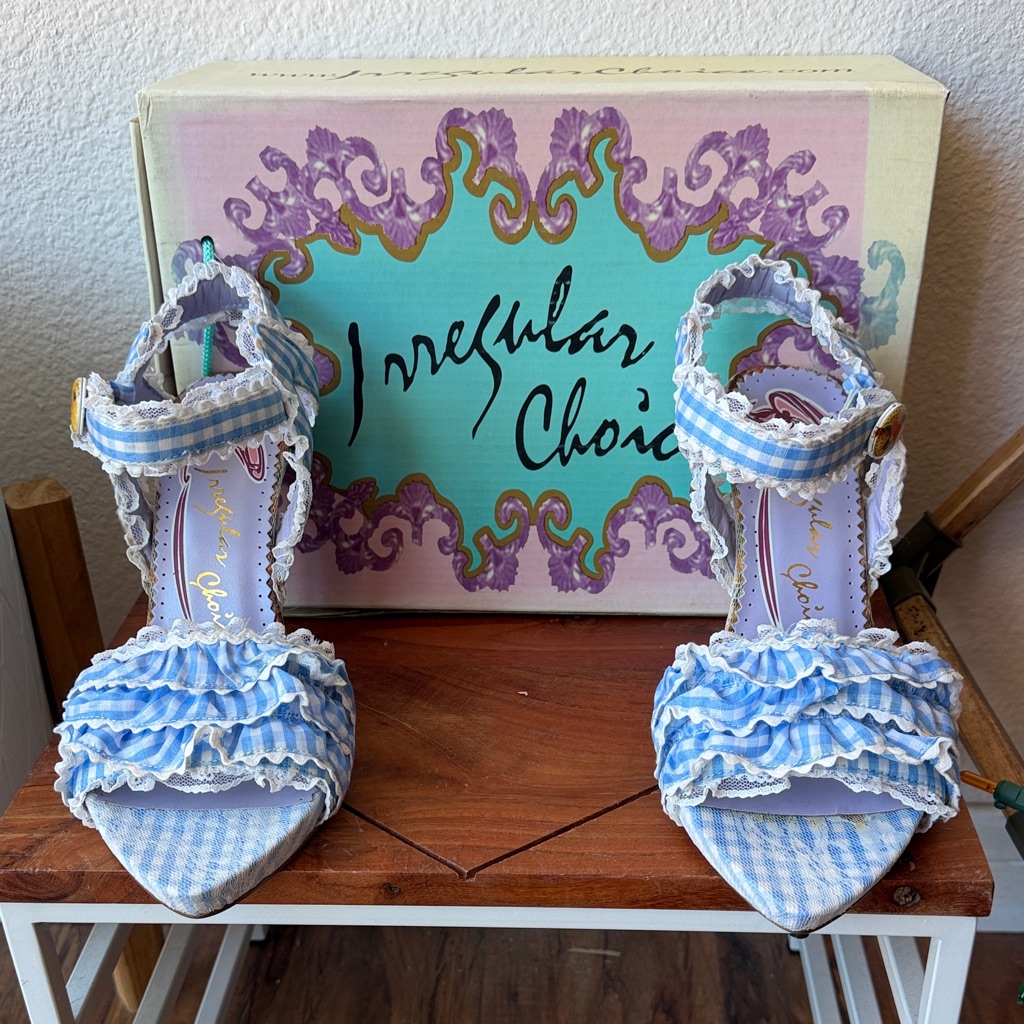 Irregular Choice Blue Gingham Ruffle Ankle Strap Heels